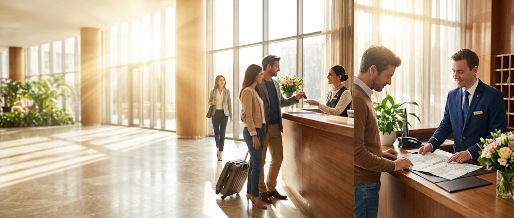 Un concierge renseignant un client à la réception d'un hôtel