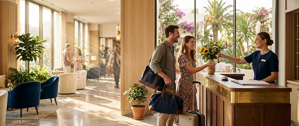 Un couple accueilli à la réception d'un hôtel