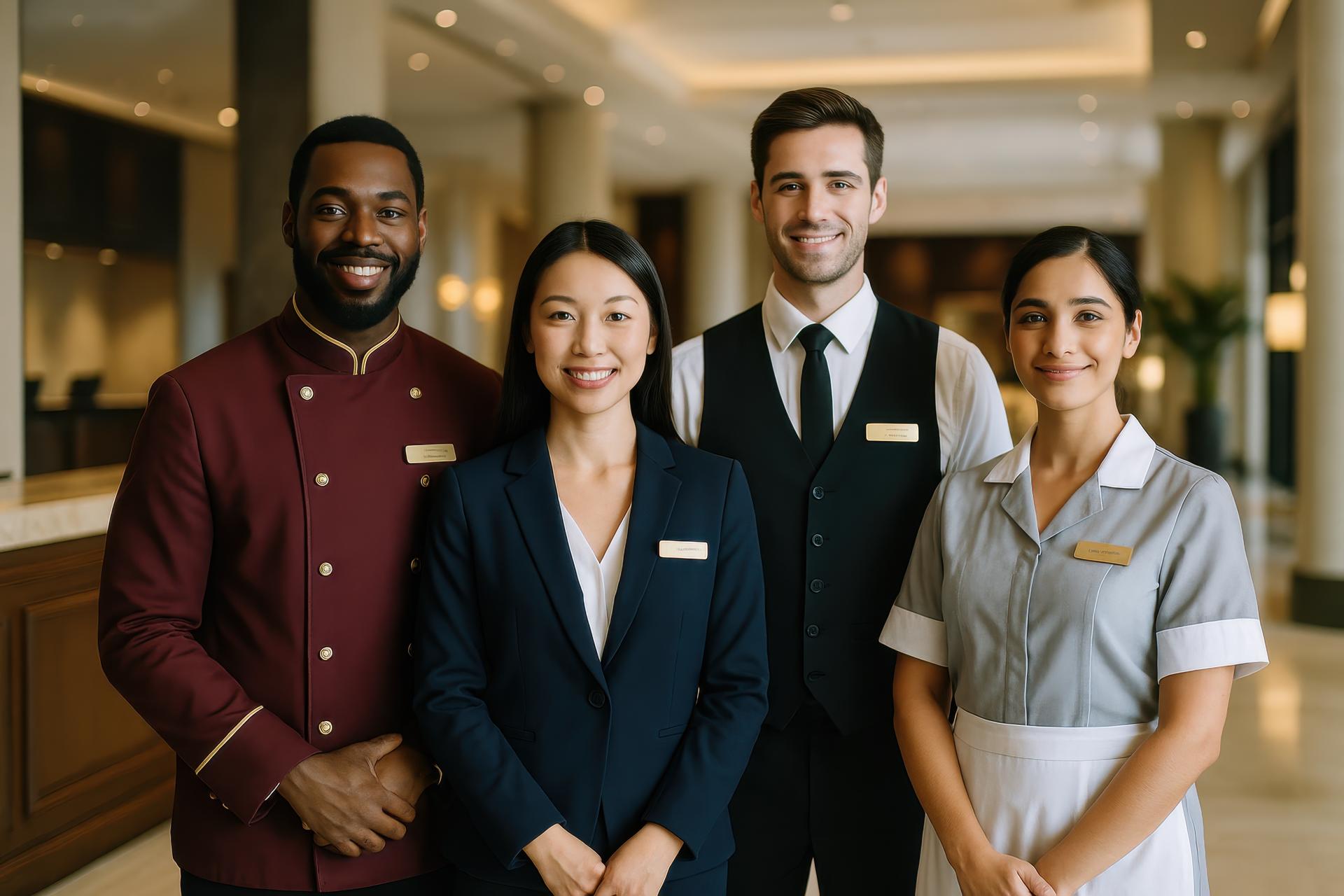 Bagagiste, réceptionniste, serveur et femme de chambre dans le hall d'un hôtel