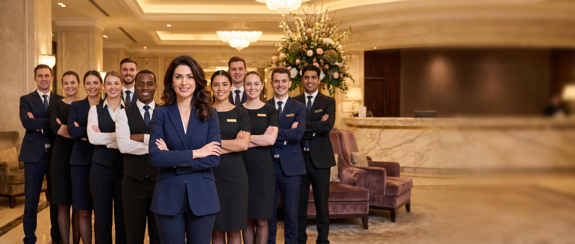 Équipe d'un hôtel réunie dans le hall de réception